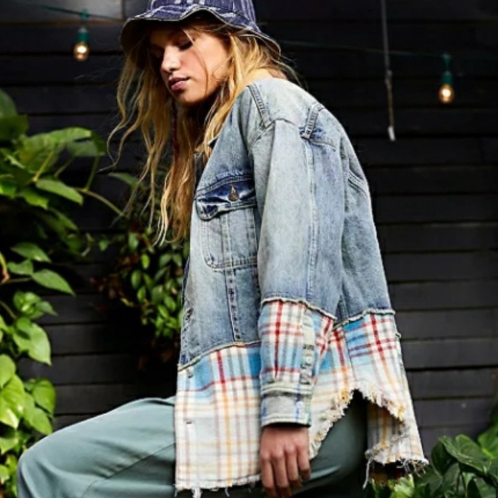 Free‎ People Sirius Plaid Mixed Denim Shirt Jacket XS